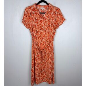 LOFT Floral Popover Midi Dress Sundress Orange Farmers Market Spring Cottage S